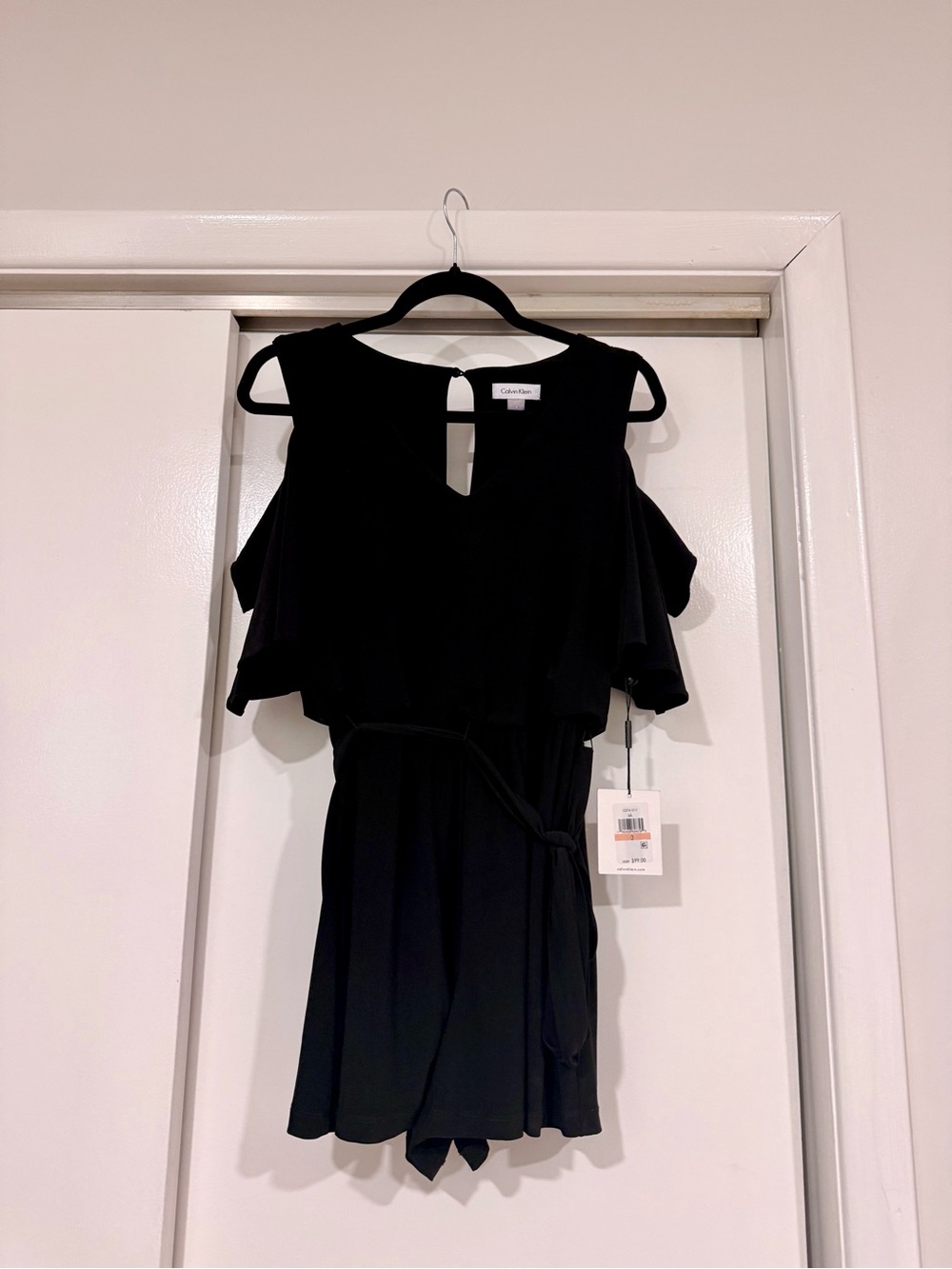 Calvin Klein Black Cold-Shoulder Tie-Waist Mini Romper